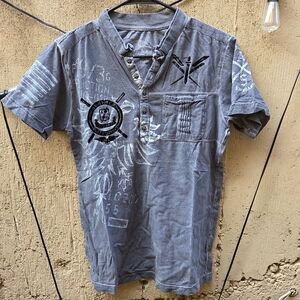 Affliction Men's Gray Graphic Henley Shirt "Standard Series Dry Goods"